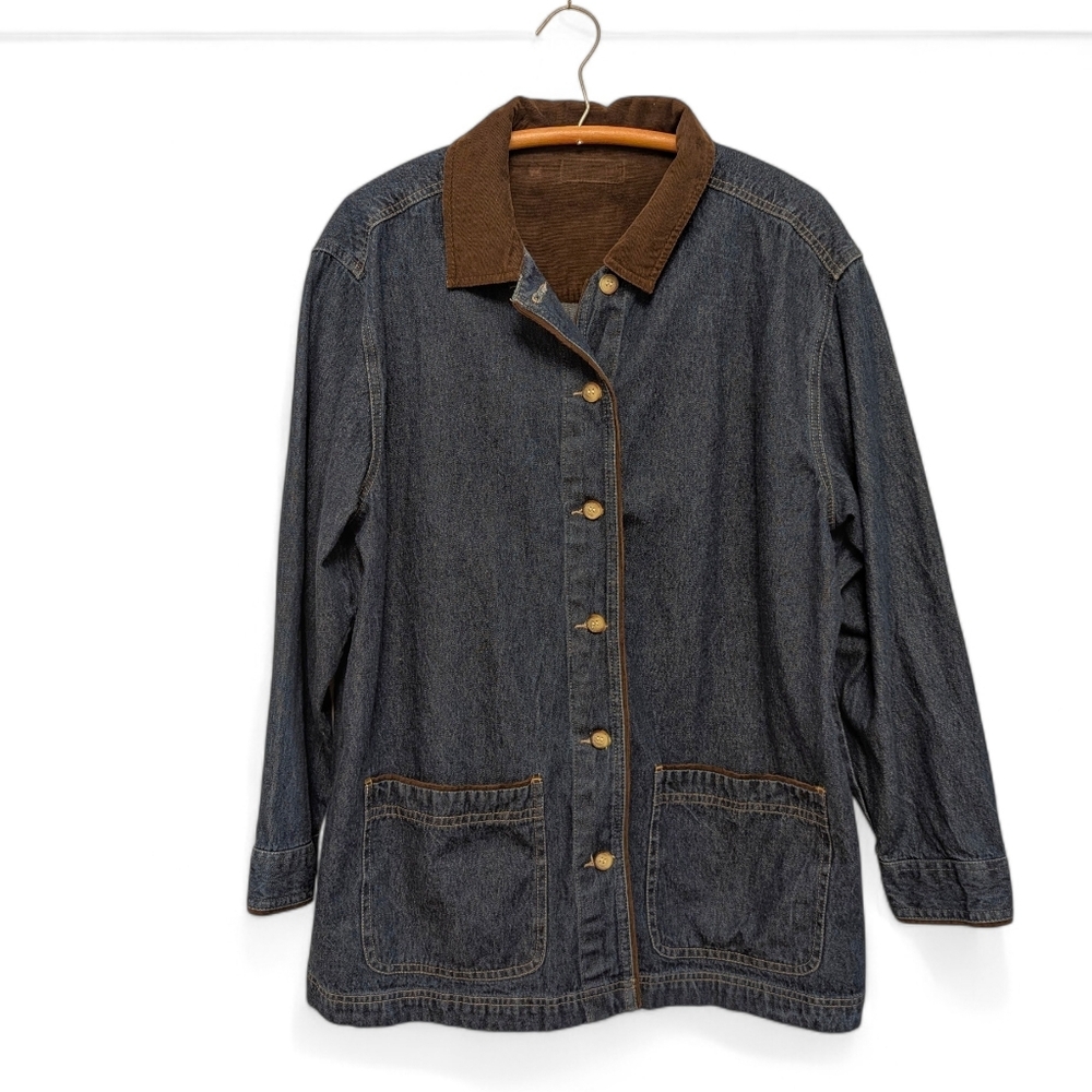 VINTAGE Denim Chore Coat Barn Jacket Corduroy Collar Blue Jean XL - Picture 4 of 6